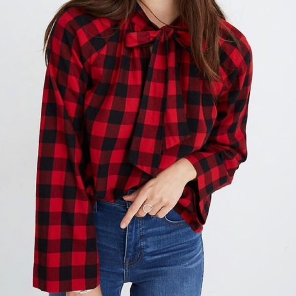 Madewell Tie-Neck Popover Shirt in Buffalo Check - Picture 1 of 3